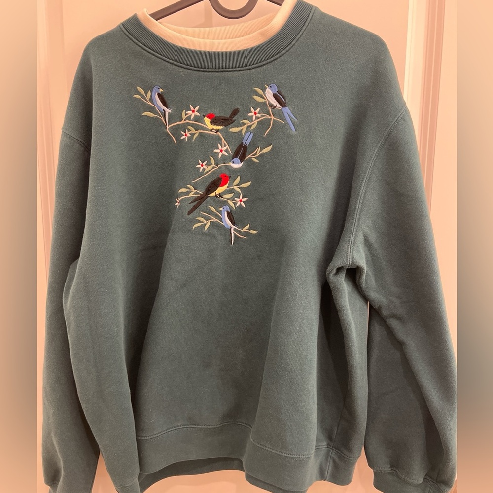 Classic Elements Teal Sweater with Bird Embroidery